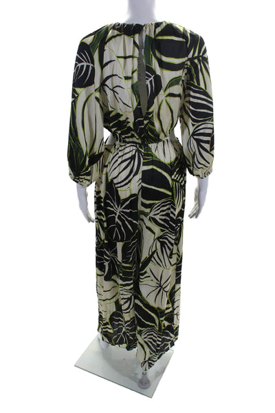 Zara Womens Long Sleeve Botanical Print Wide Leg Cutout Jumpsuit Green Size S