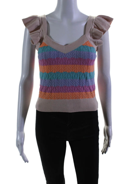 &Isla Womens Cotton Knit Striped Ruffle Trim Pullover Tank Top Multicolor Size S