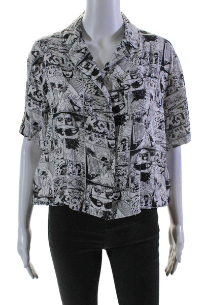 Ksubi Womens White Black Graphic Print Collar Short Sleeve Shirt Size XS