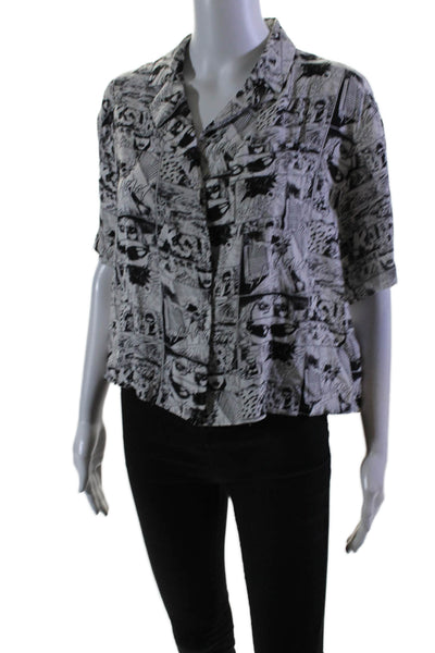 Ksubi Womens White Black Graphic Print Collar Short Sleeve Shirt Size XS