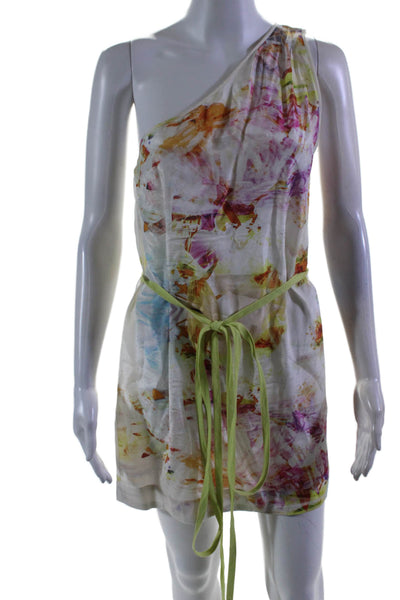 Suboo Womens White Multi Floral One Shoulder Sleeveless Belt Mini Dress Size XS