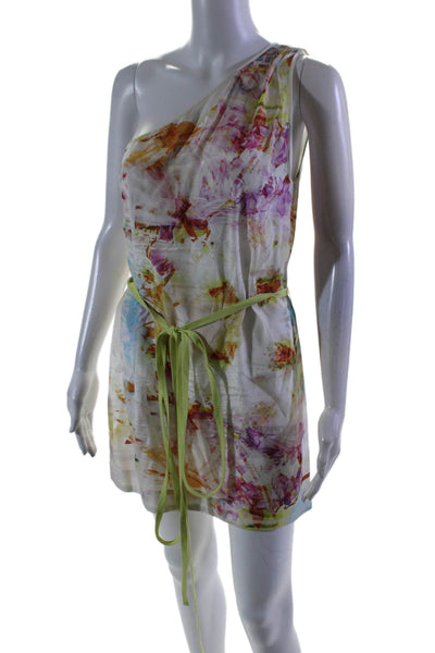 Suboo Womens White Multi Floral One Shoulder Sleeveless Belt Mini Dress Size XS