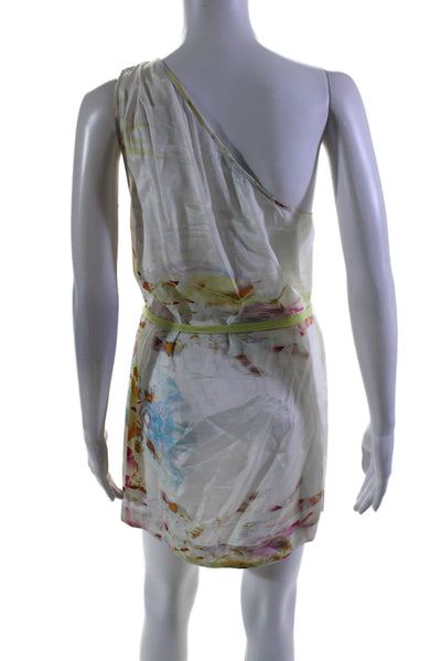 Suboo Womens White Multi Floral One Shoulder Sleeveless Belt Mini Dress Size XS