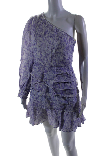 La Maison Talulah Womens Purple Printed Ruffle One Shoulder Shift Dress Size S