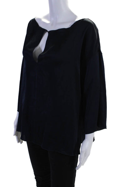 Vince Women's Round Neck Short Sleeves Key Hole Blouse Navy Blue Size L