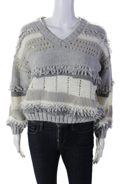 Saltwater Luxe Womens Open Knit Fringe V Neck Striped Sweater Gray White Size XS