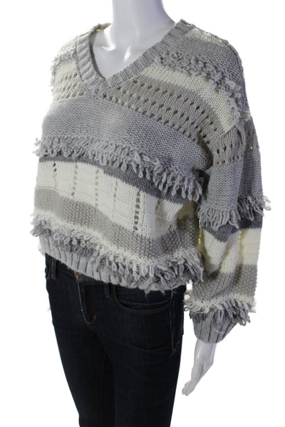 Saltwater Luxe Womens Open Knit Fringe V Neck Striped Sweater Gray White Size XS