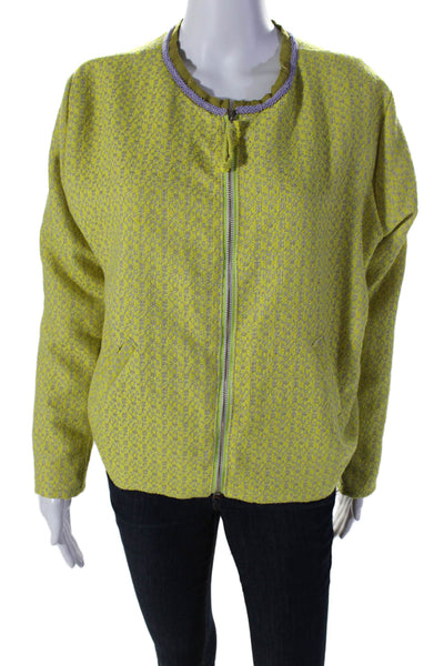 Anushka Elliot Womens Abstract Round Neck Long Sleeve Zip Jacket Green Size S