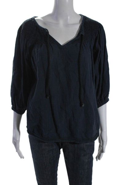 Ulla Johnson Women's Round Neck 3/4Sleeves Tassel Blouse Navy Blue Size 4