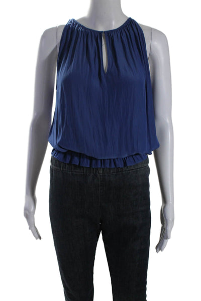 Ramy Brook Women's Round Neck Sleeveless Smocked Waist Silk Blouse Blue Size S