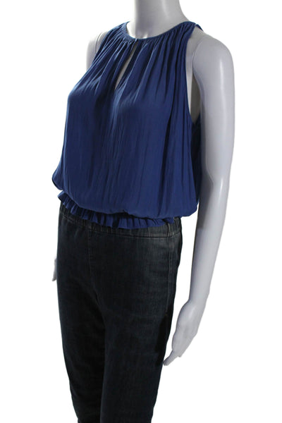 Ramy Brook Women's Round Neck Sleeveless Smocked Waist Silk Blouse Blue Size S