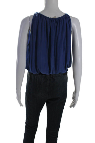 Ramy Brook Women's Round Neck Sleeveless Smocked Waist Silk Blouse Blue Size S