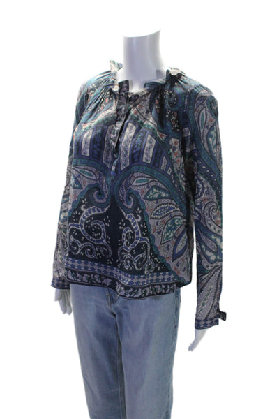 Warm Womens Silk Abstract Print Half Buttoned-Up V-Neck Blouse Blue Size S