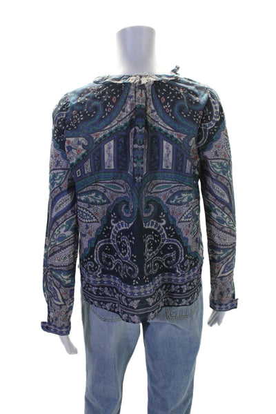 Warm Womens Silk Abstract Print Half Buttoned-Up V-Neck Blouse Blue Size S