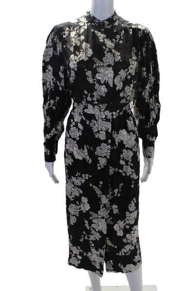 Rebecca Taylor Womens Floral Print Button Long Sleeve Belted Dress Black Size S