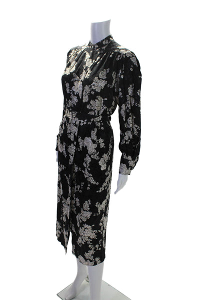 Rebecca Taylor Womens Floral Print Button Long Sleeve Belted Dress Black Size S