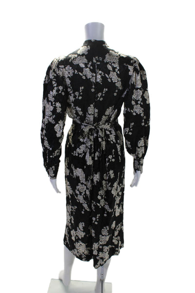 Rebecca Taylor Womens Floral Print Button Long Sleeve Belted Dress Black Size S