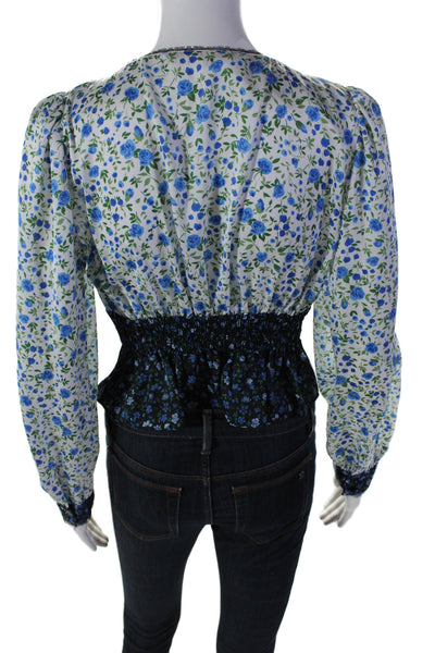 Zara Womens Long Sleeve V Neck Lace Trim Satin Floral Top White Blue Size Small