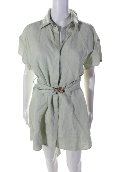 Zara Womens Button Front Short Sleeve Collared Linen Shirt Dress Green Medium