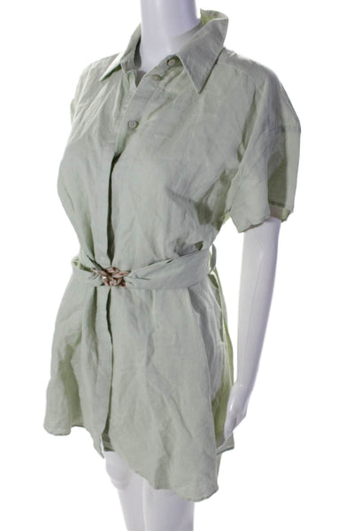 Zara Womens Button Front Short Sleeve Collared Linen Shirt Dress Green Medium