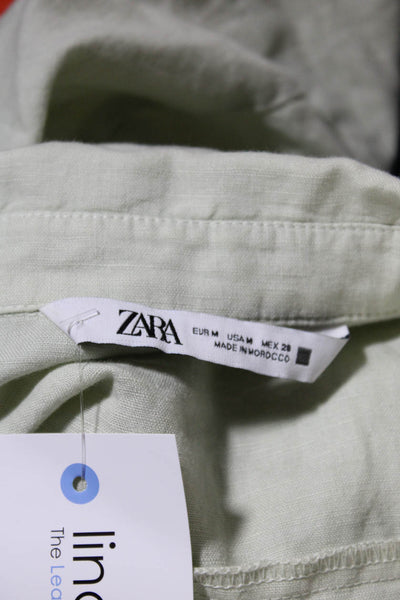 Zara Womens Button Front Short Sleeve Collared Linen Shirt Dress Green Medium