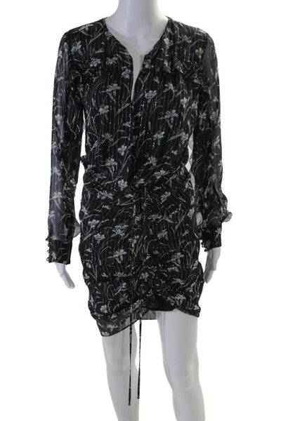 Veronica Beard Womens Silk Floral Print V Neck Ruched Dress Black Size 2