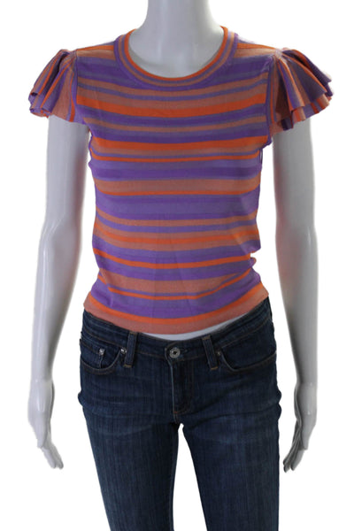 Alice + Olivia Womens Striped Short Wing Sleeves Sweater Purple Orange Size Smal