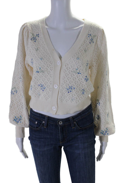 Aqua Womens Floral Embroidered Cardigan Sweater White Blue Cotton Size Extra Sma