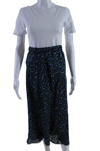 Zara Womens Elastic Waistband Lace Trim Floral Long Skirt Navy Blue Size Medium