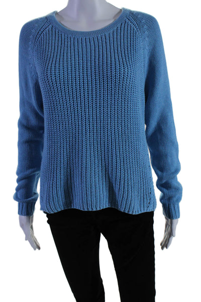 Margaret OLeary Womens Long Sleeve Open Knit Scoop Neck Sweater Blue Size Small