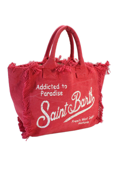 Cabane Saint Barth Womens Cotton Fringe Trim Top Handle Tote Bag Red Size L