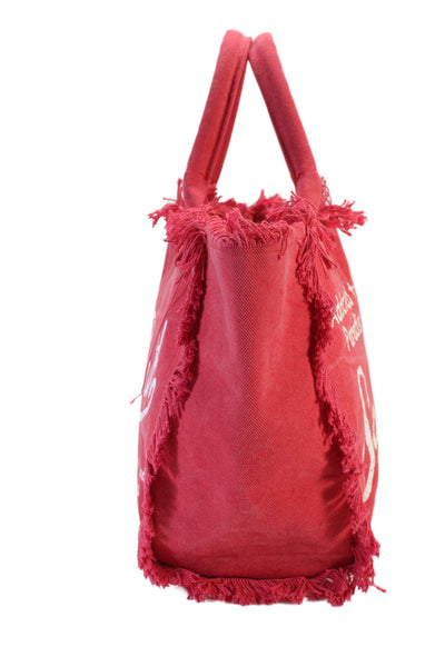 Cabane Saint Barth Womens Cotton Fringe Trim Top Handle Tote Bag Red Size L