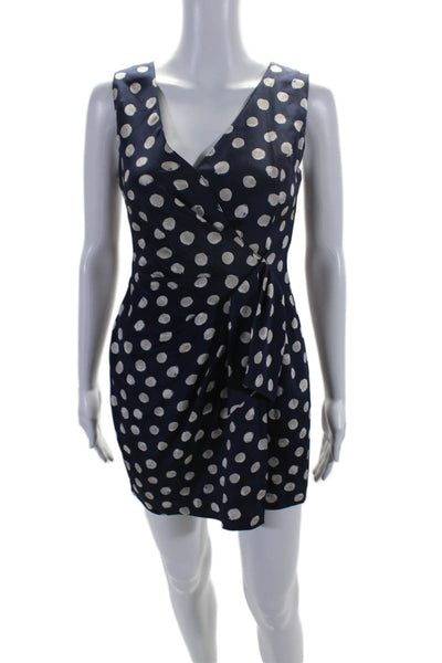 St. John Womens Back Zip Sleeveless V Neck Silk Polka Dot Dress Navy Size 2