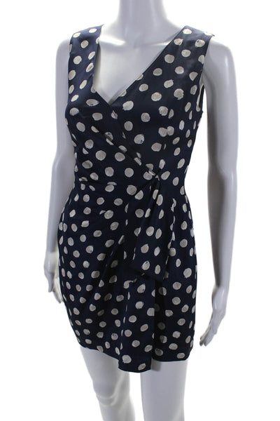 St. John Womens Back Zip Sleeveless V Neck Silk Polka Dot Dress Navy Size 2