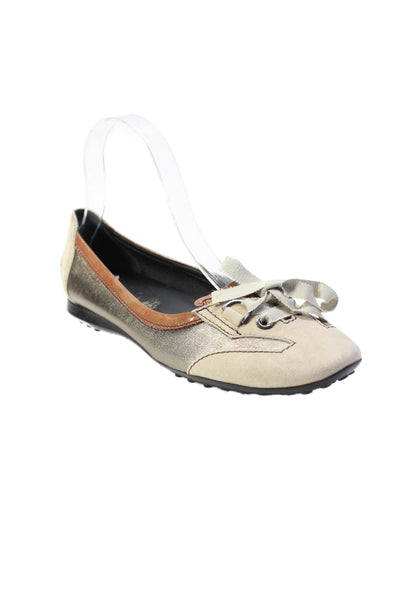 Tods Womens Suede Metallic Lace Up Flat Heel Slip On Driver Flats Beige Size 7US