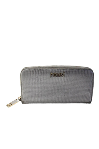 Fendi Womens Zip Around Logo Metallic Continental Wallet Silver Tone Leather