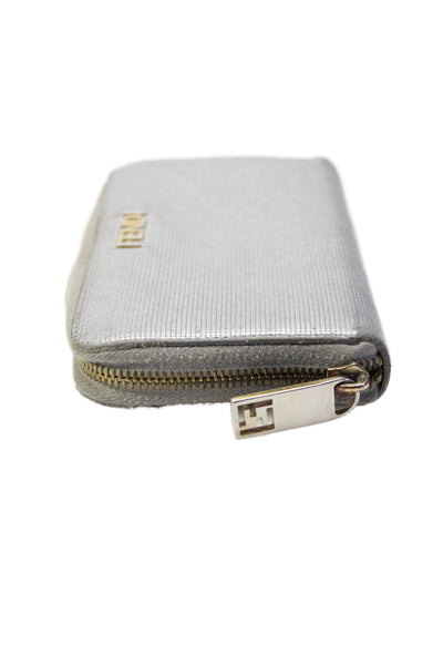 Fendi Womens Zip Around Logo Metallic Continental Wallet Silver Tone Leather