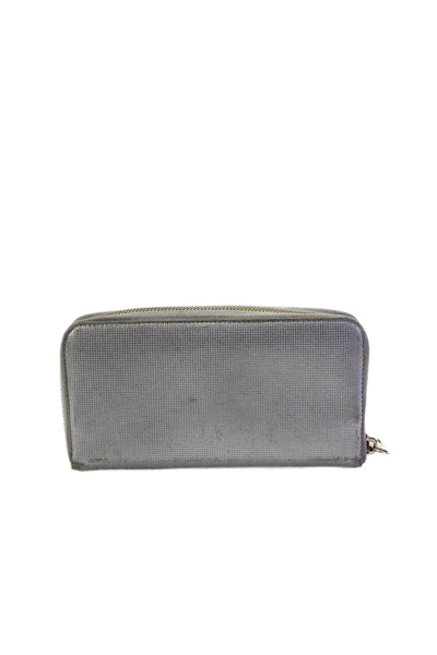 Fendi Womens Zip Around Logo Metallic Continental Wallet Silver Tone Leather