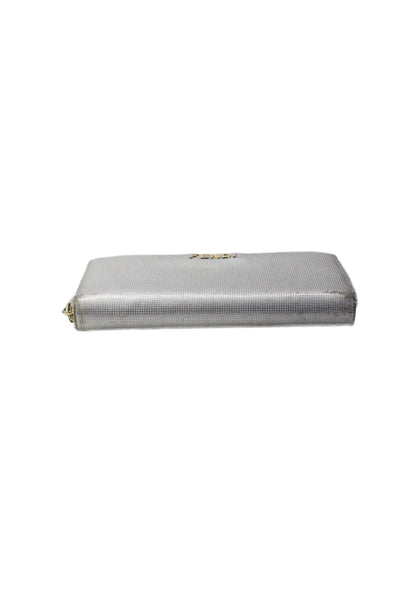 Fendi Womens Zip Around Logo Metallic Continental Wallet Silver Tone Leather