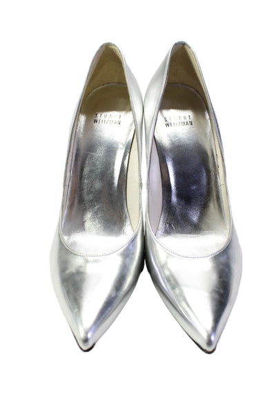 Stuart Weitzman Womens Stiletto Pointed Patent Leather Pumps Silver Size 8.5