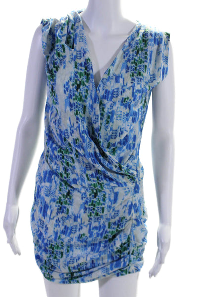 IRO Womens Abstract Print Ruched Sleeveless Short Mini Wrap Dress Blue Size 1