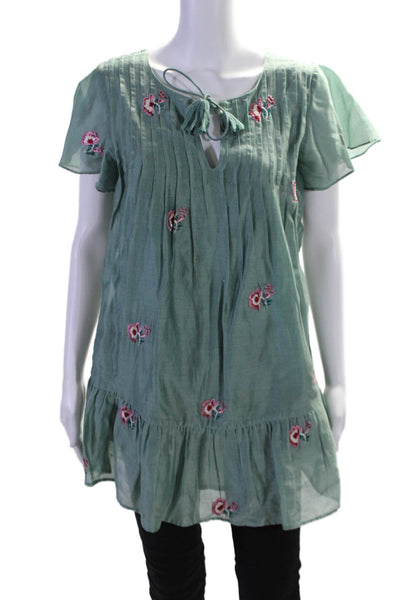 Tularosa Womens Silk Pintuck Floral Embroidery Short Sleeve Tunic Green Size XS