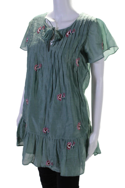 Tularosa Womens Silk Pintuck Floral Embroidery Short Sleeve Tunic Green Size XS