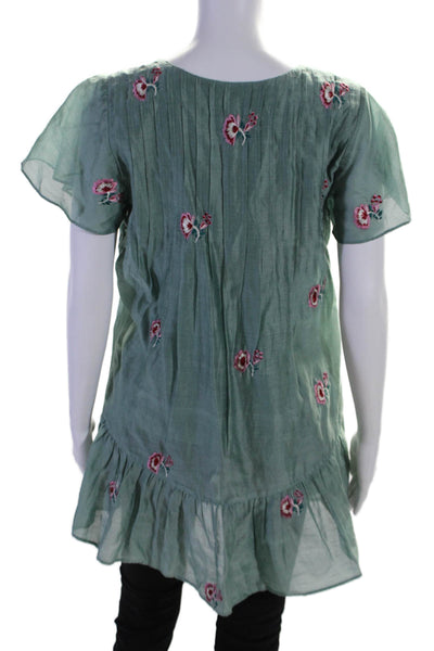 Tularosa Womens Silk Pintuck Floral Embroidery Short Sleeve Tunic Green Size XS