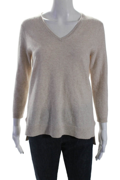 Marled Womens Cashmere V-Neck Long Sleeve Pullover Sweater Top Beige Size S