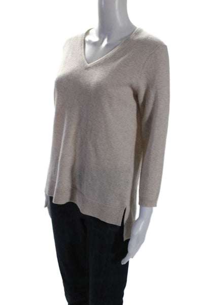 Marled Womens Cashmere V-Neck Long Sleeve Pullover Sweater Top Beige Size S