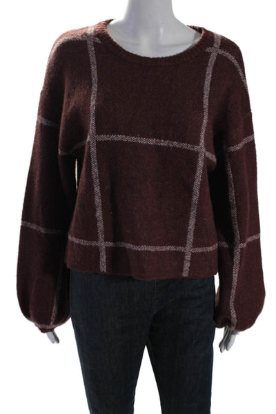 Z Supply Womens Grid Print Round Neck Pullover Sweater Top Burgundy Size S