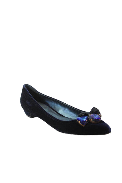 Miu Miu Womens Velvet Crystal Detail Pointed Toe Slip On Flats Navy Size 37 7