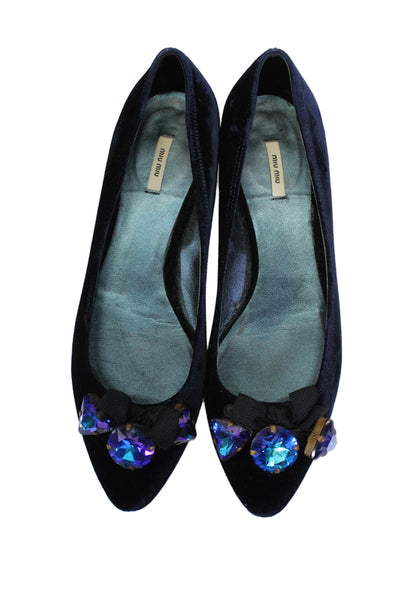 Miu Miu Womens Velvet Crystal Detail Pointed Toe Slip On Flats Navy Size 37 7