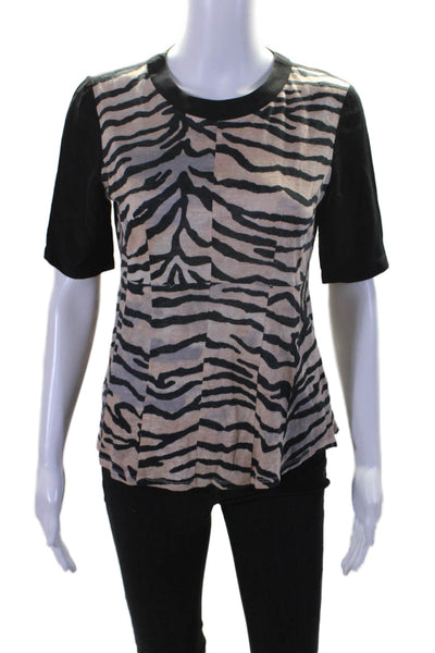 Rebecca Taylor Womens Linen Short Sleeve Animal Print Blouse Black Size S